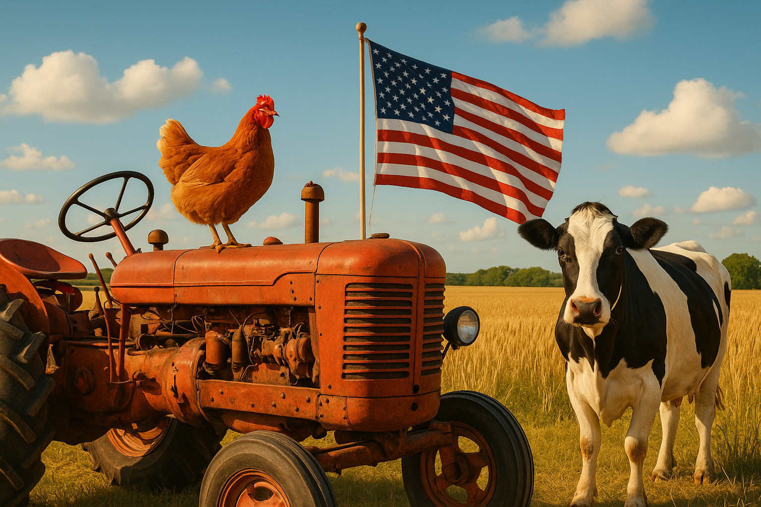 farm tractor with a chicken standing on the front of it and a cow standing next to the tractor with an American flag about in the background